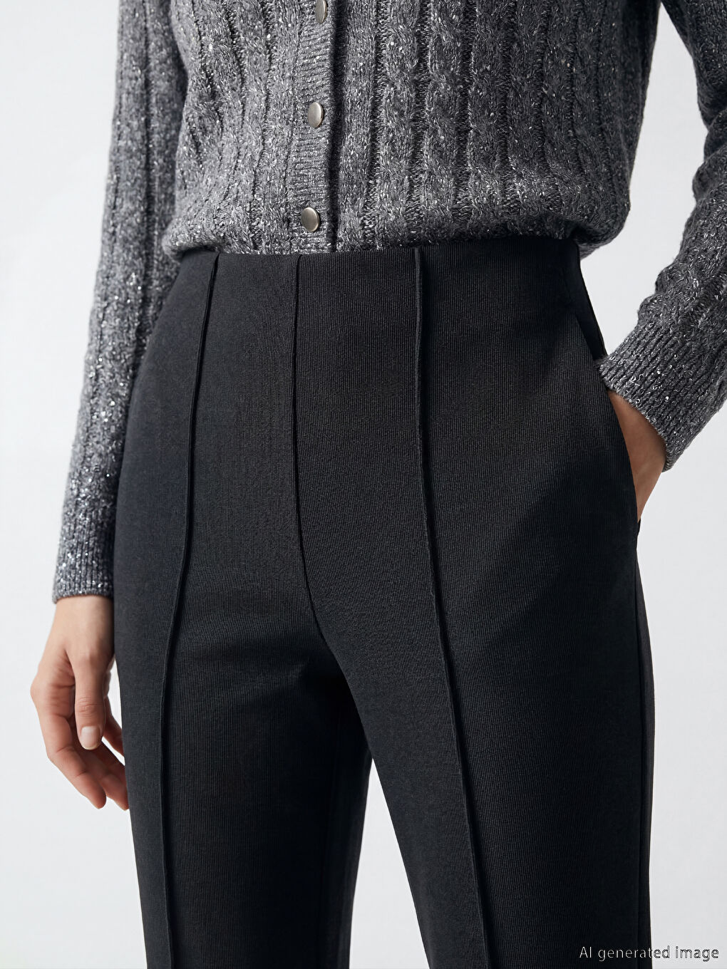 Antrasit Beli Lastikli İspanyol Paça Kadın Pantolon-2