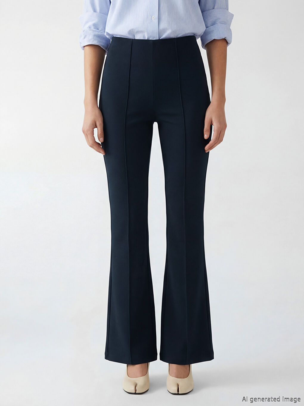 Lacivert Beli Lastikli İspanyol Paça Kadın Pantolon-1