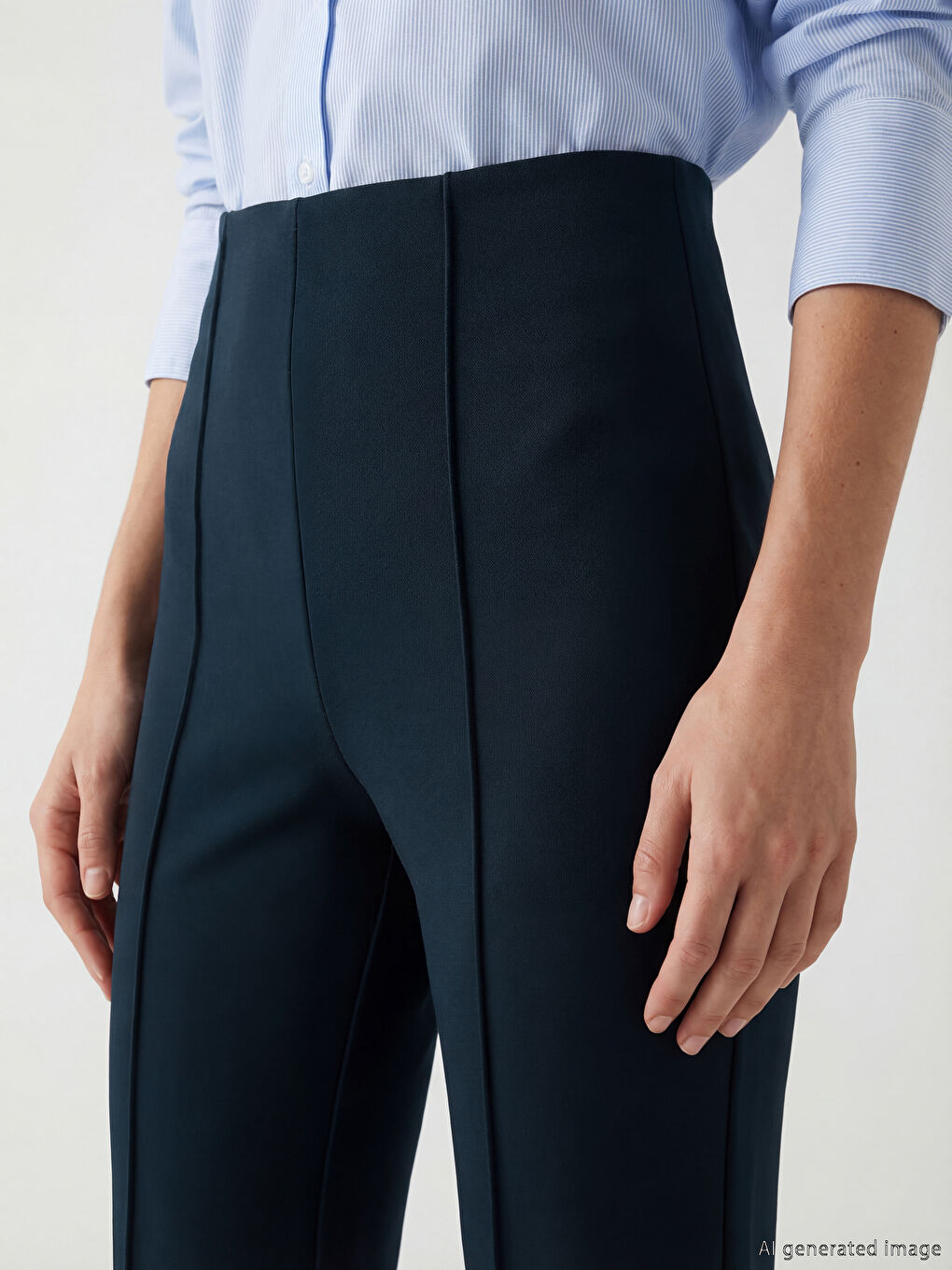 Lacivert Beli Lastikli İspanyol Paça Kadın Pantolon-2