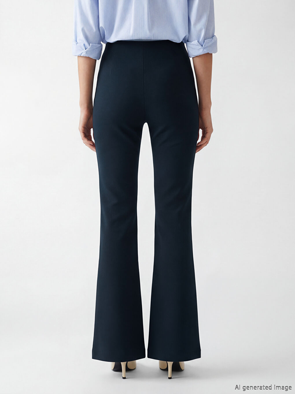 Lacivert Beli Lastikli İspanyol Paça Kadın Pantolon-3