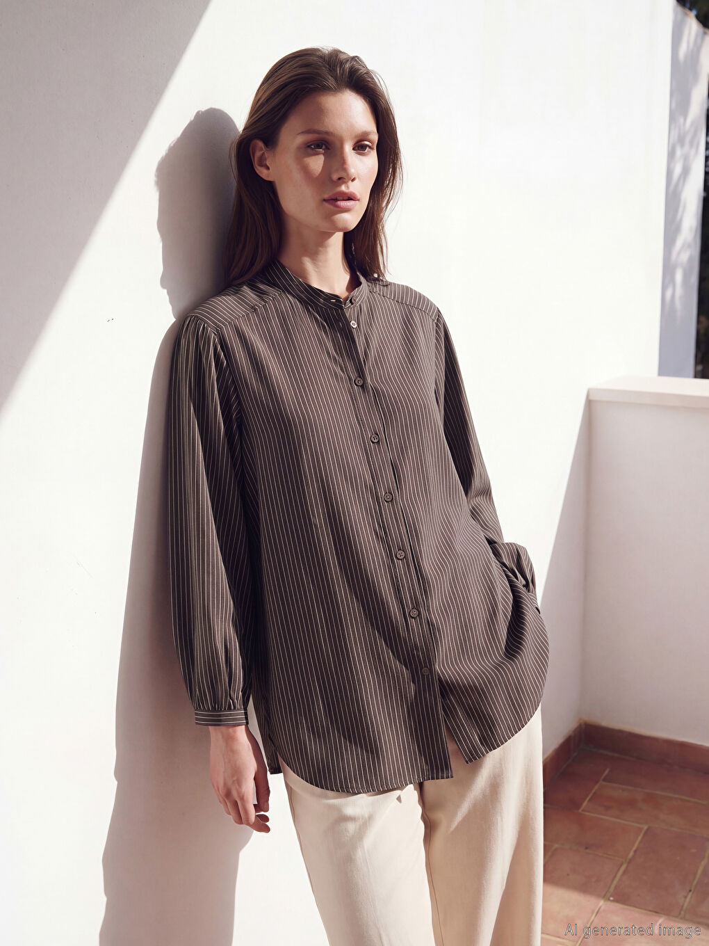 Grandad Collar Striped Women's Shirt Tunic