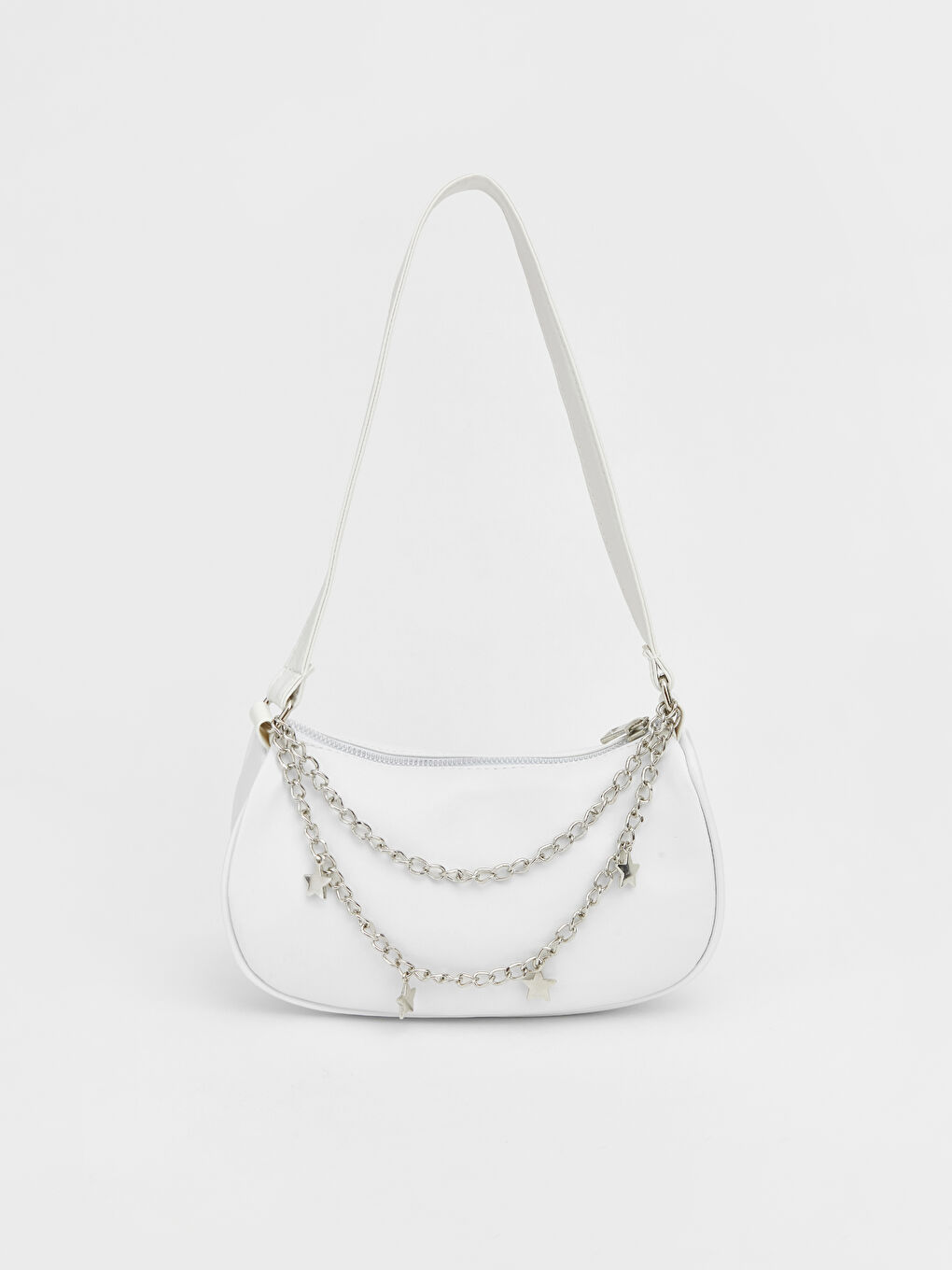 Beyaz Deri Görünümlü Zincir Detaylı Kız Çocuk Omuz Çantası