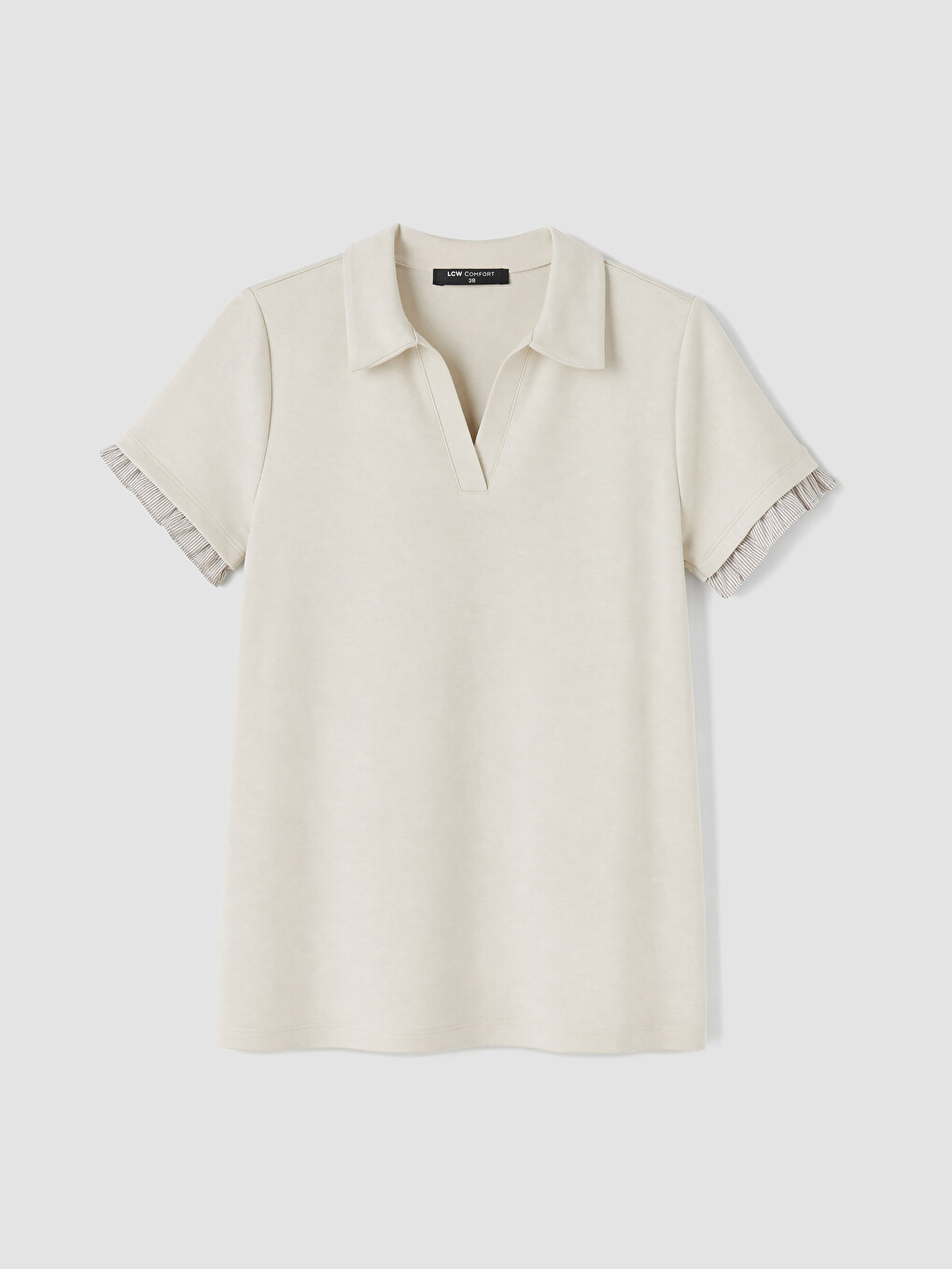 Bej Polo Yaka Fırfırlı Soft Touch Kadın Tişört