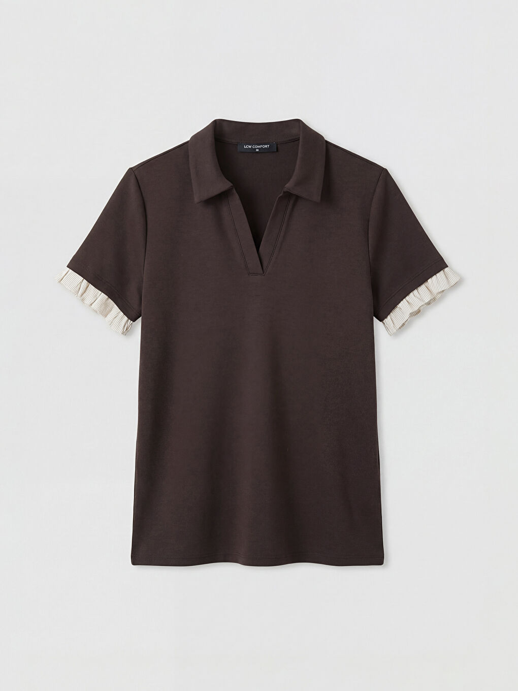 Kahverengi Polo Yaka Fırfırlı Soft Touch Kadın Tişört