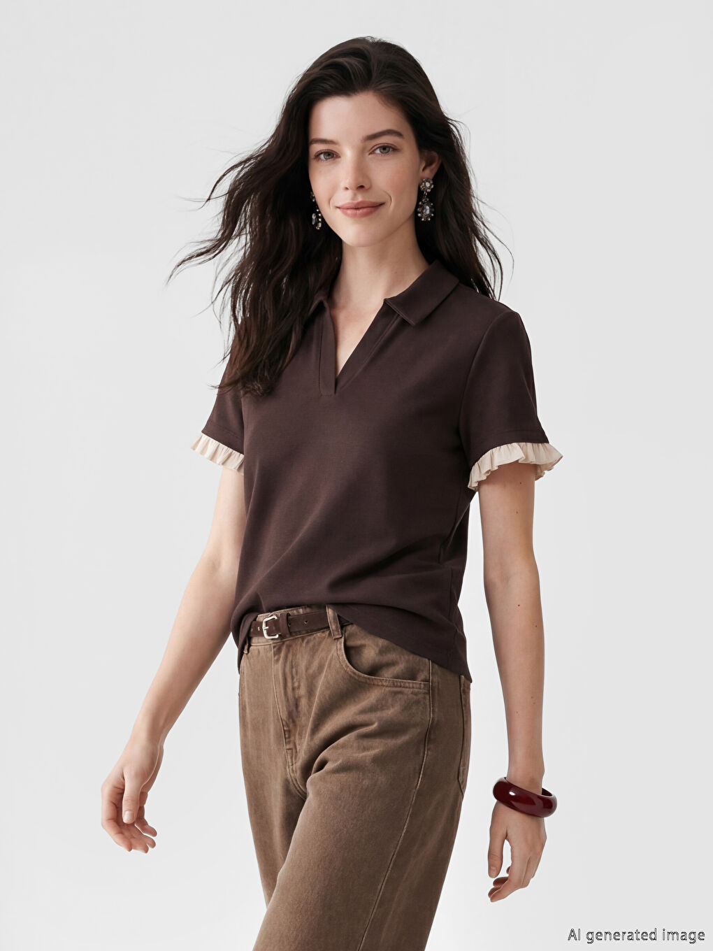 Kahverengi Polo Yaka Fırfırlı Soft Touch Kadın Tişört