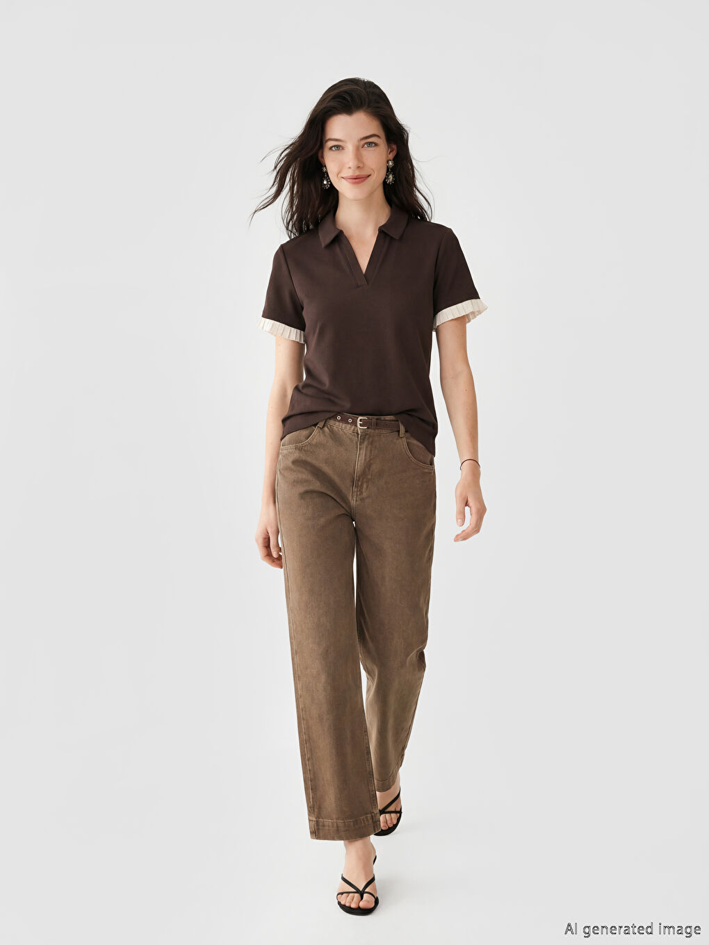 Kahverengi Polo Yaka Fırfırlı Soft Touch Kadın Tişört-1