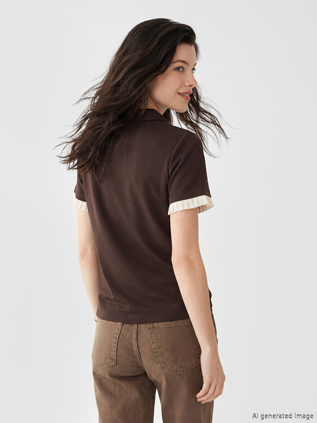 Kahverengi Polo Yaka Fırfırlı Soft Touch Kadın Tişört-2