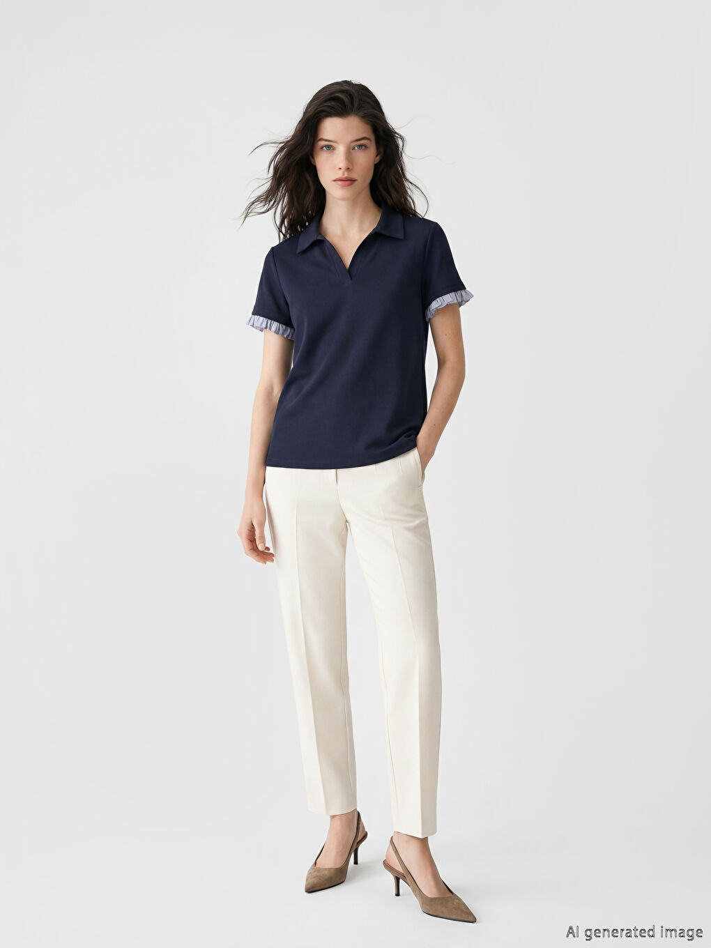 Lacivert Polo Yaka Fırfırlı Soft Touch Kadın Tişört-1