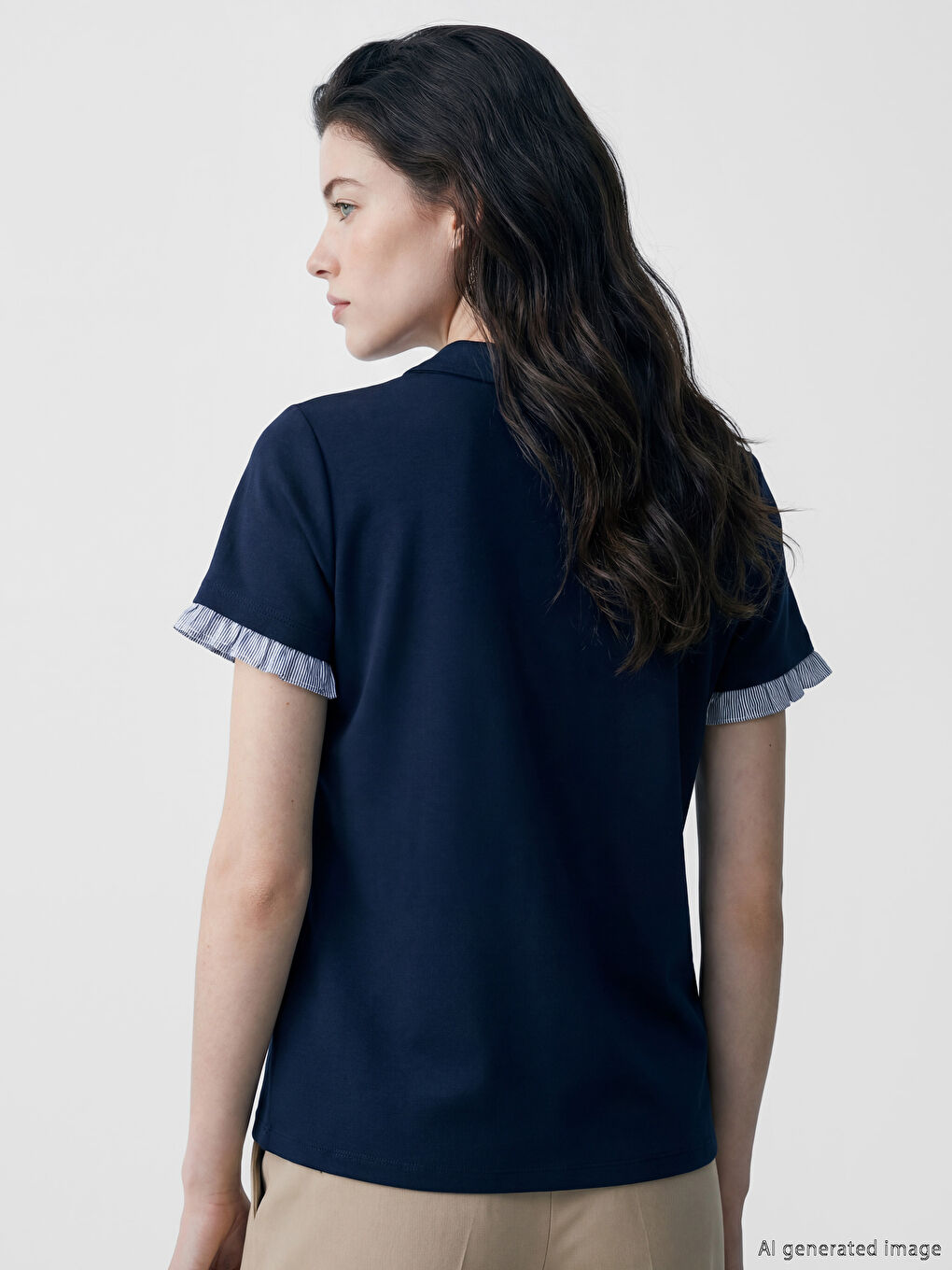 Lacivert Polo Yaka Fırfırlı Soft Touch Kadın Tişört-2