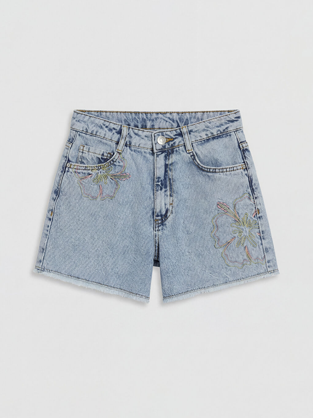 Mavi Çiçek Nakışlı Kız Çocuk Jean Şort