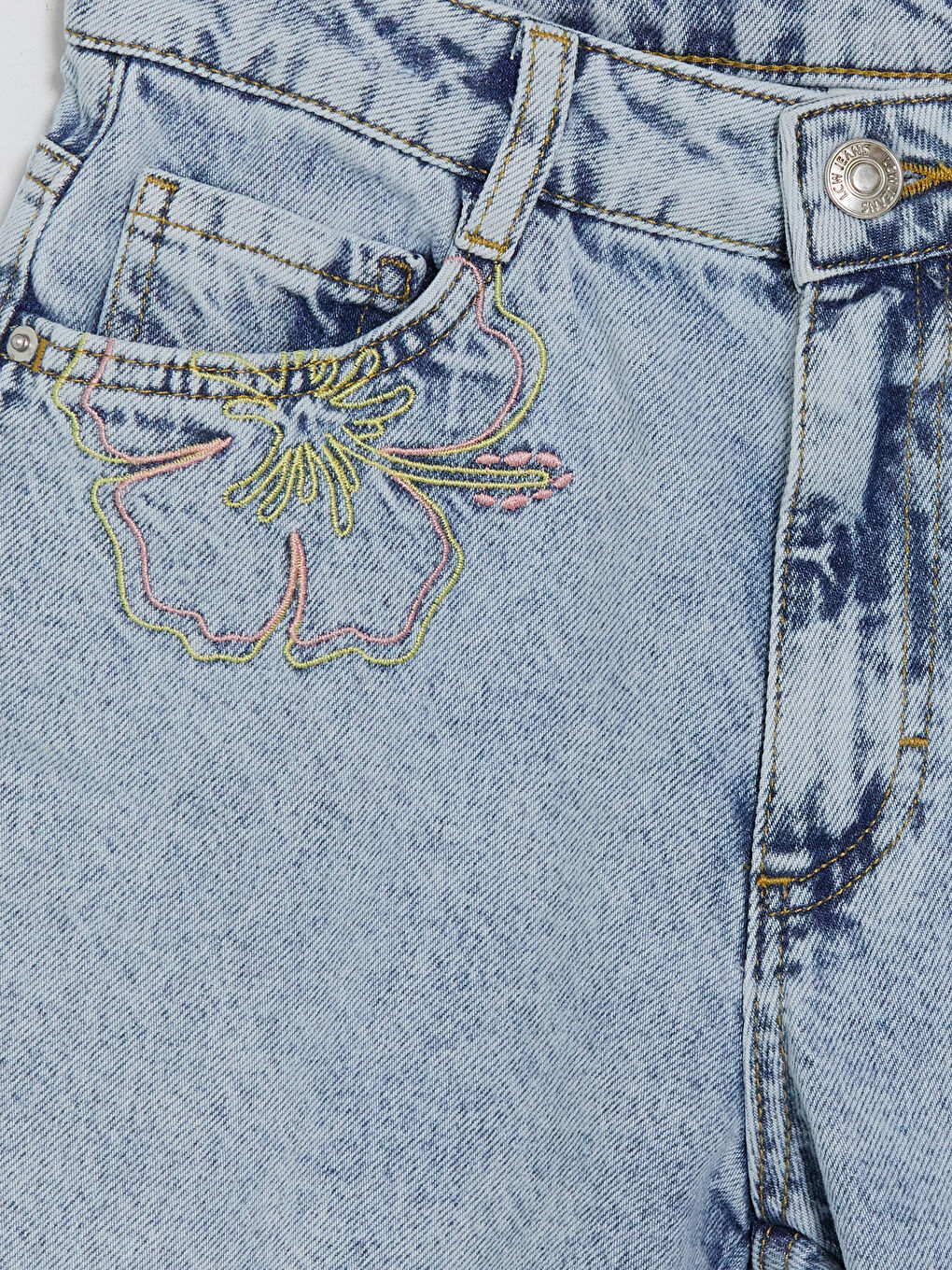 Mavi Çiçek Nakışlı Kız Çocuk Jean Şort-2