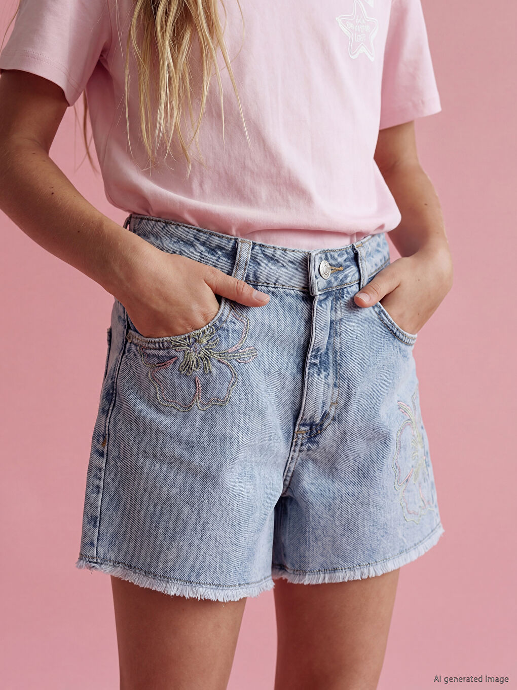 Flower Embroidered Girls' Jean Shorts-1