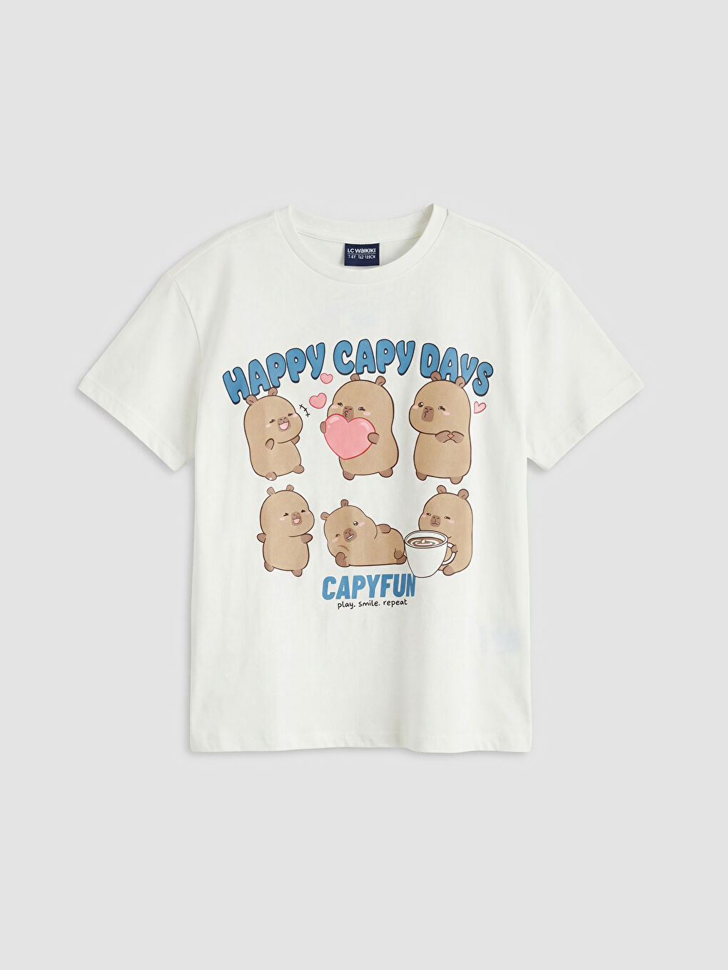 Ekru Bisiklet Yaka Capyfun Baskılı Kız Çocuk Tişört