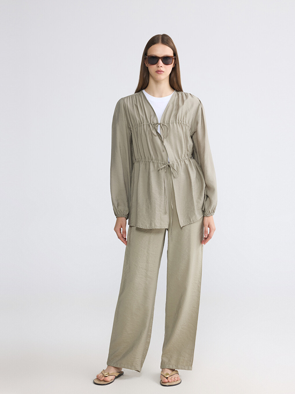 V Neck Tie Detail Women's Kimono-1