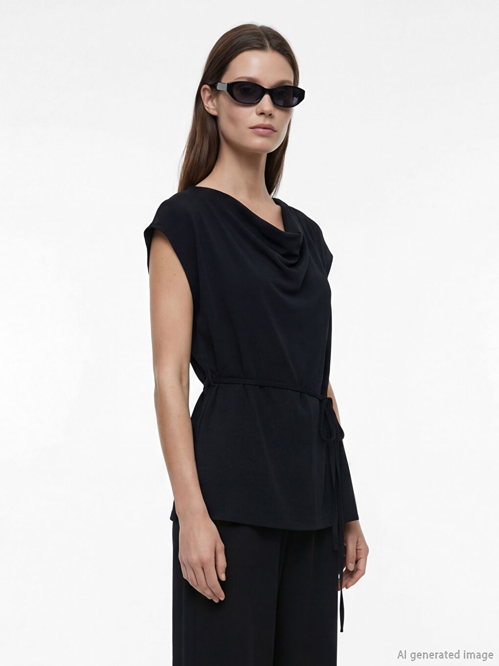 Siyah Kayık Yaka Kuşaklı Bluz-1