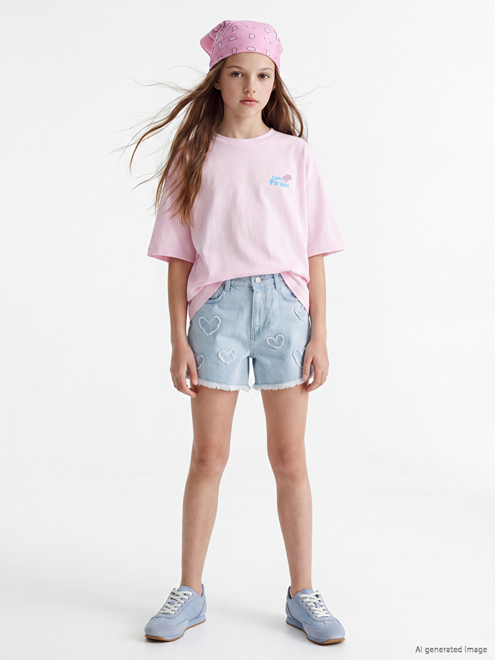 Heart Embroidered Girls' Jean Shorts-1