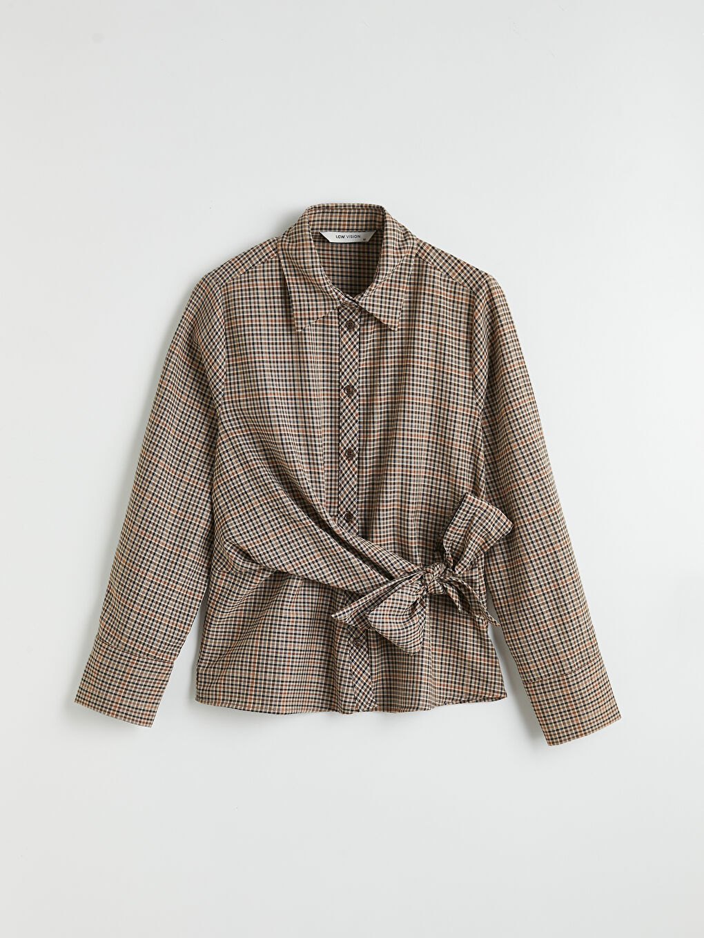 Kahverengi Bağlama Detaylı Ekose Kadın Gömlek
