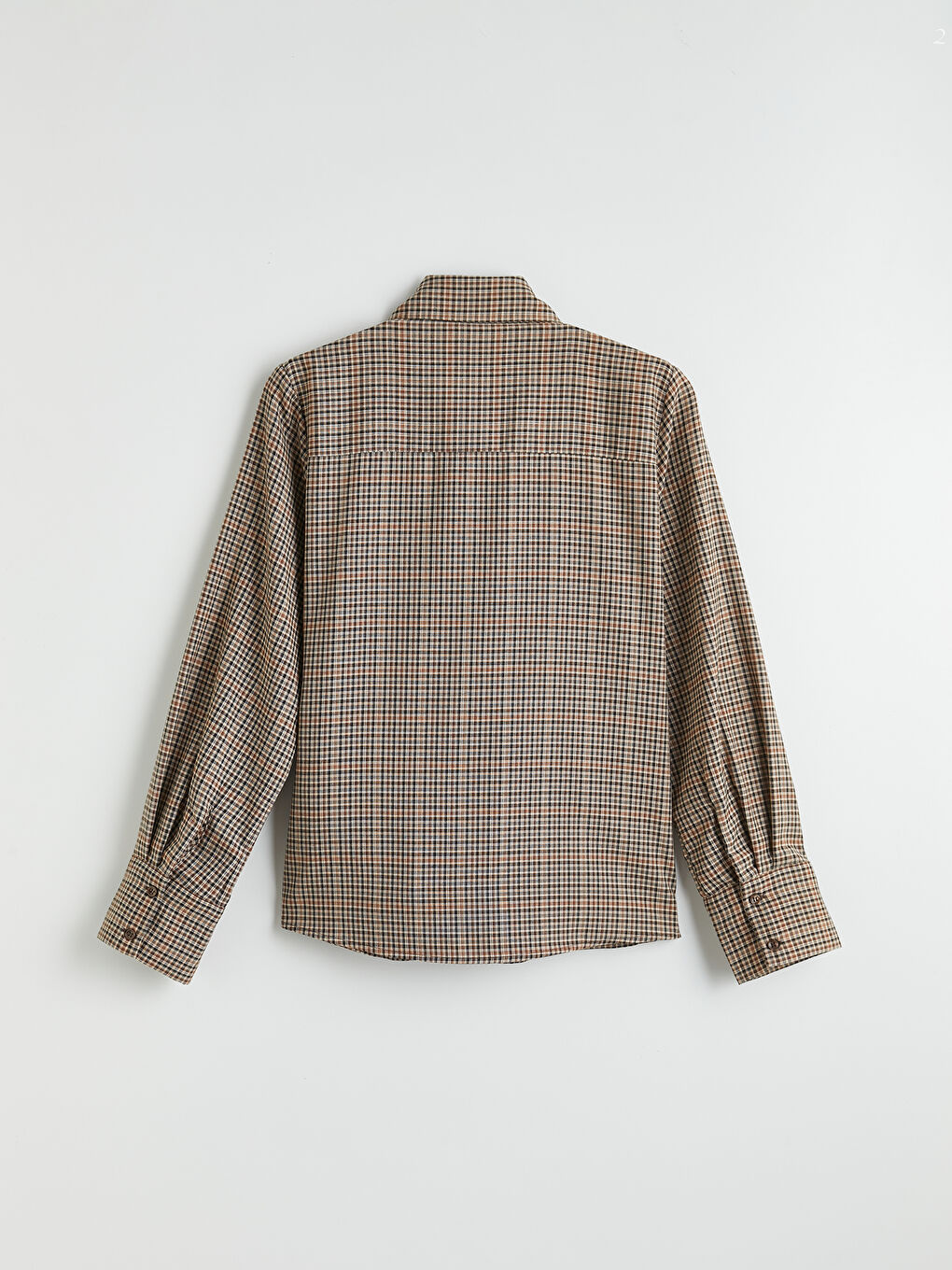 Kahverengi Bağlama Detaylı Ekose Kadın Gömlek-1