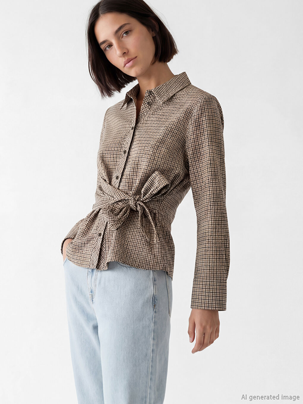 Kahverengi Bağlama Detaylı Ekose Kadın Gömlek