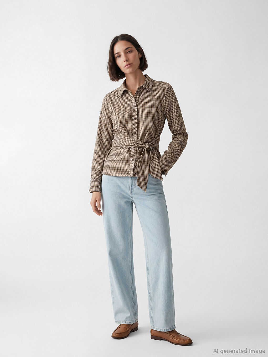 Kahverengi Bağlama Detaylı Ekose Kadın Gömlek-1