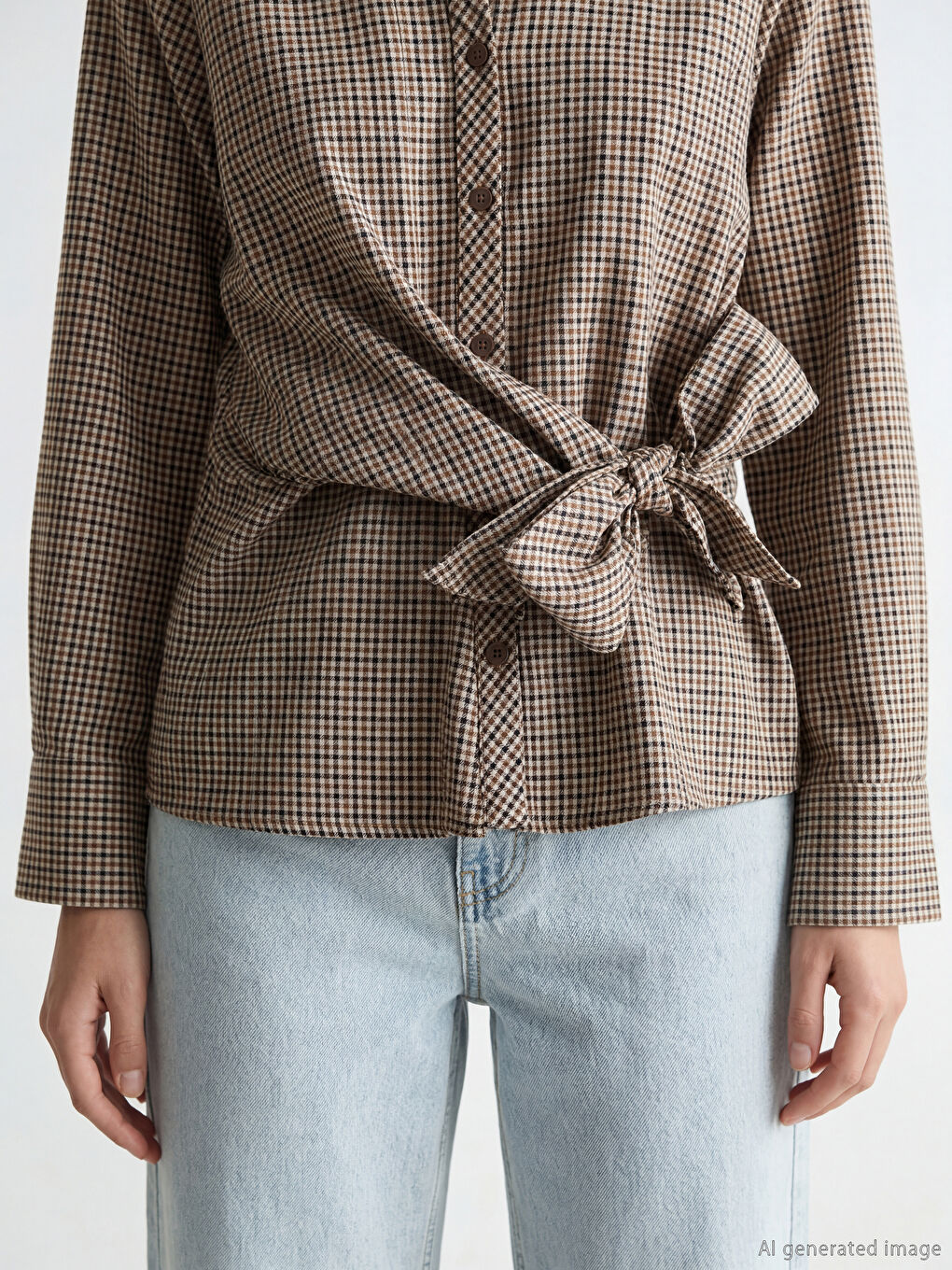 Kahverengi Bağlama Detaylı Ekose Kadın Gömlek-2