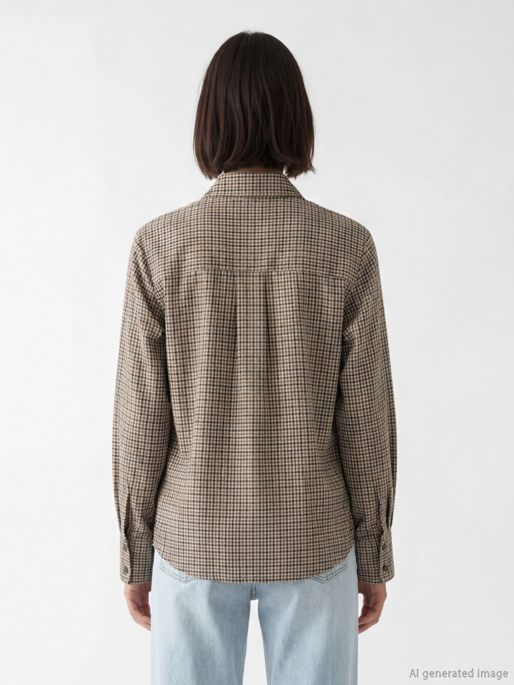 Kahverengi Bağlama Detaylı Ekose Kadın Gömlek-3