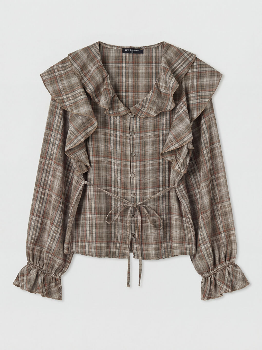 Kahverengi V Yaka Ekose Fırfırlı Kadın Gömlek