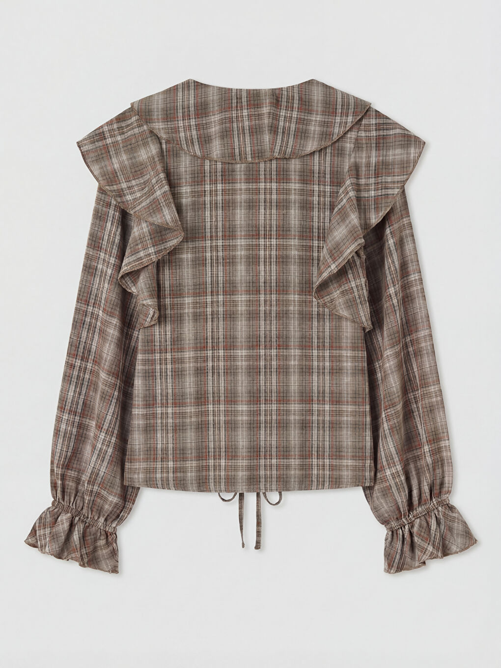 Kahverengi V Yaka Ekose Fırfırlı Kadın Gömlek-1