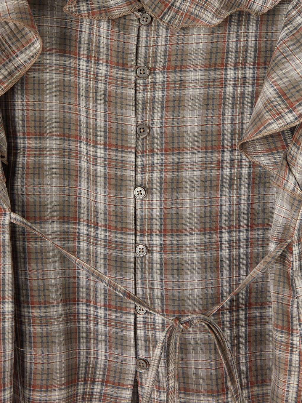 Kahverengi V Yaka Ekose Fırfırlı Kadın Gömlek-2