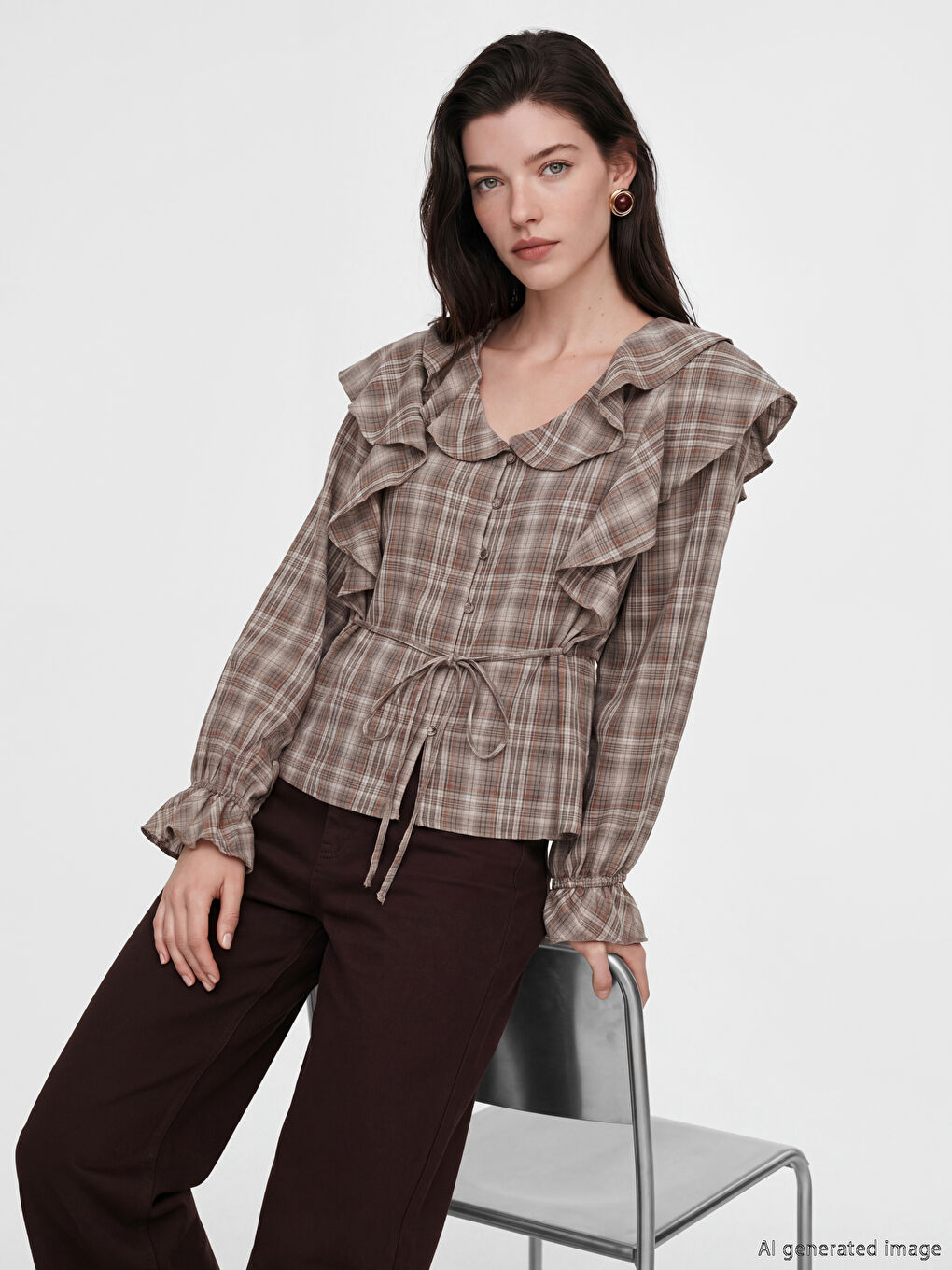 V Neck Plaid Frilled Women's Shirt