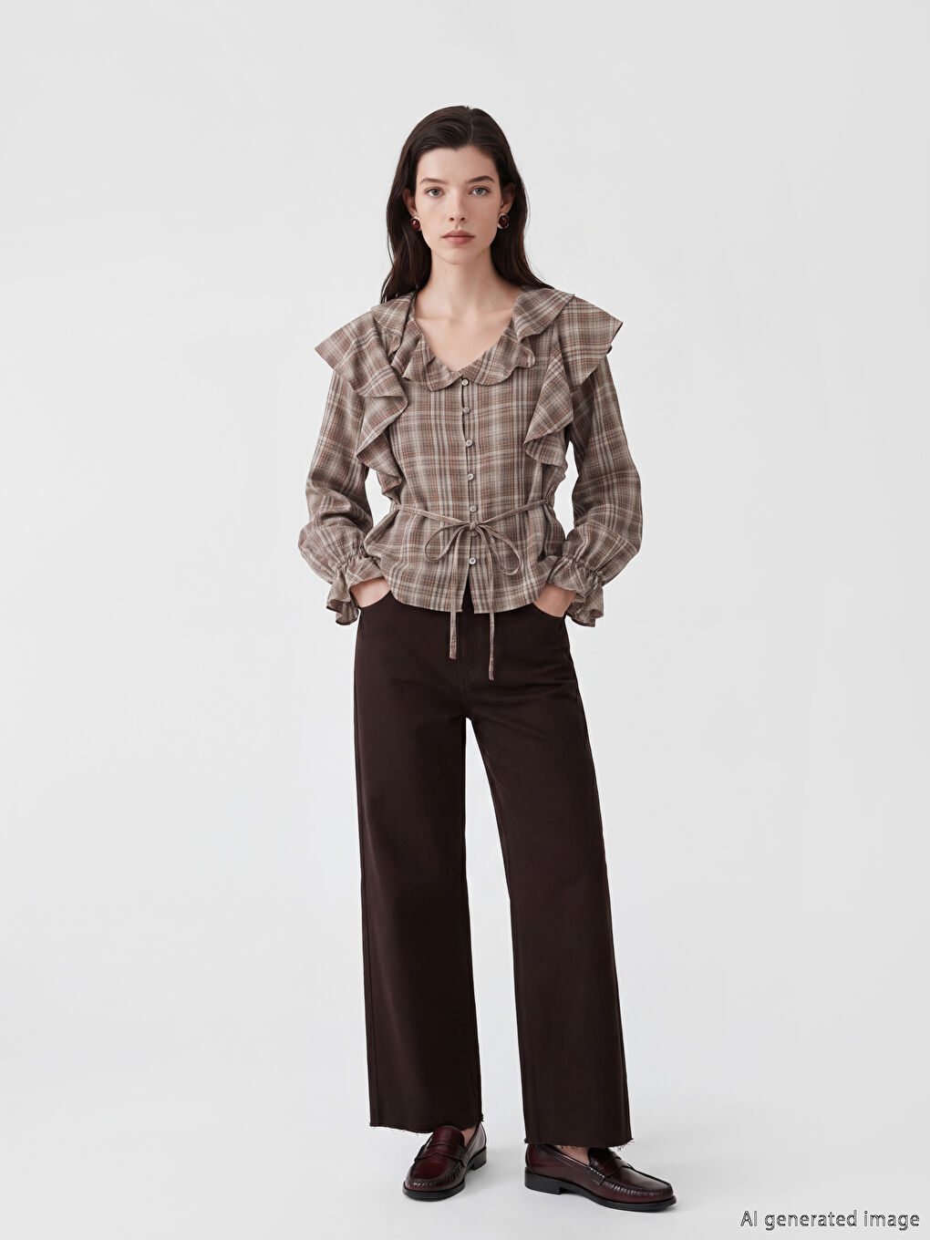 V Neck Plaid Frilled Women's Shirt-1