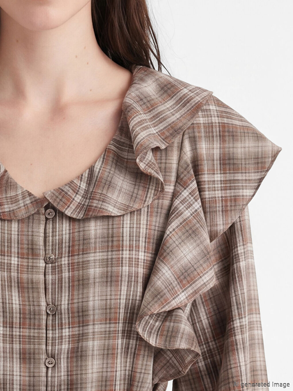V Neck Plaid Frilled Women's Shirt-2