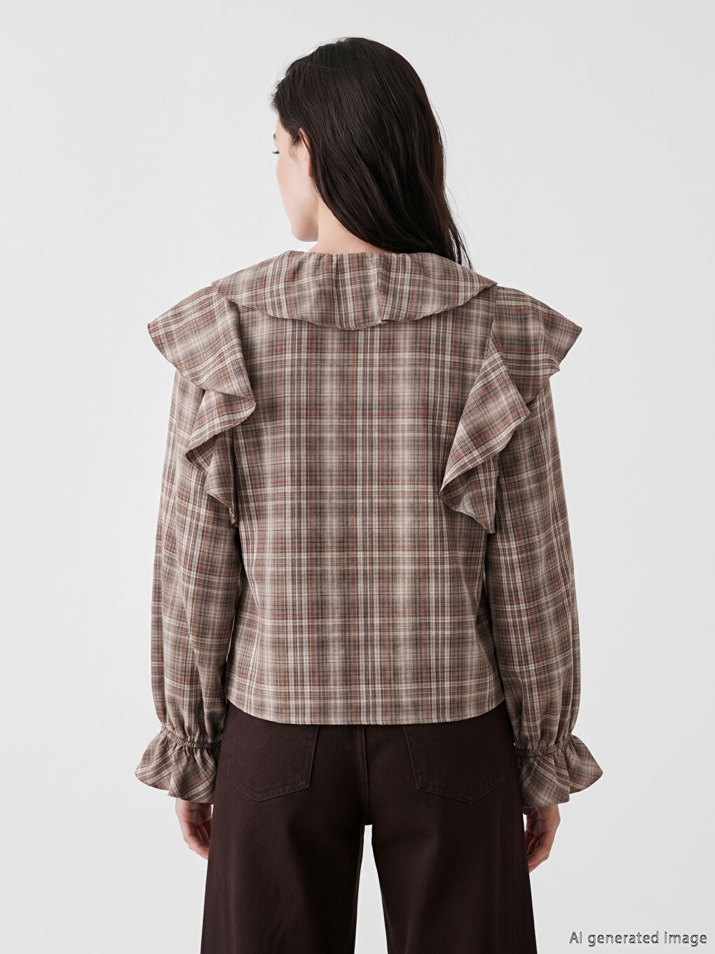 V Neck Plaid Frilled Women's Shirt-3