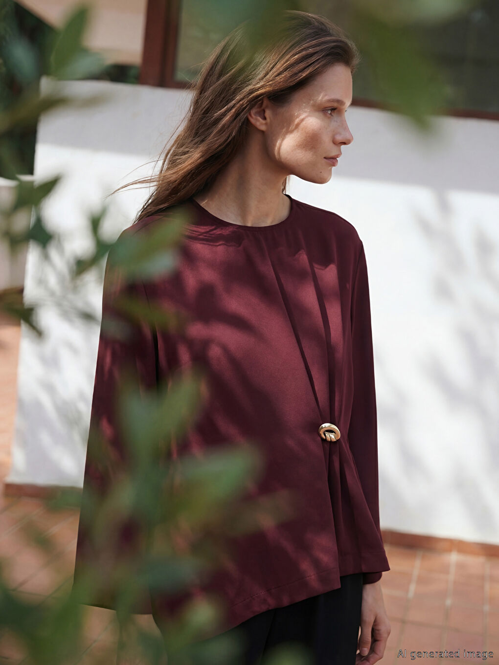 Bordo Bisiklet Yaka Büzgülü Bluz