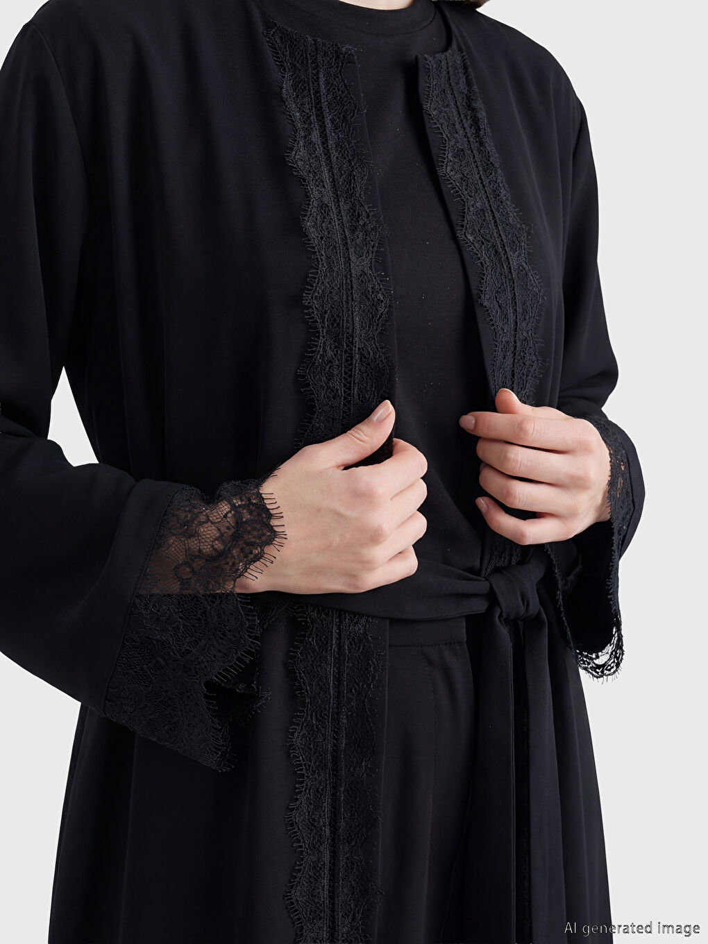 Siyah Bisiklet Yaka Krep Kadın Ferace-1