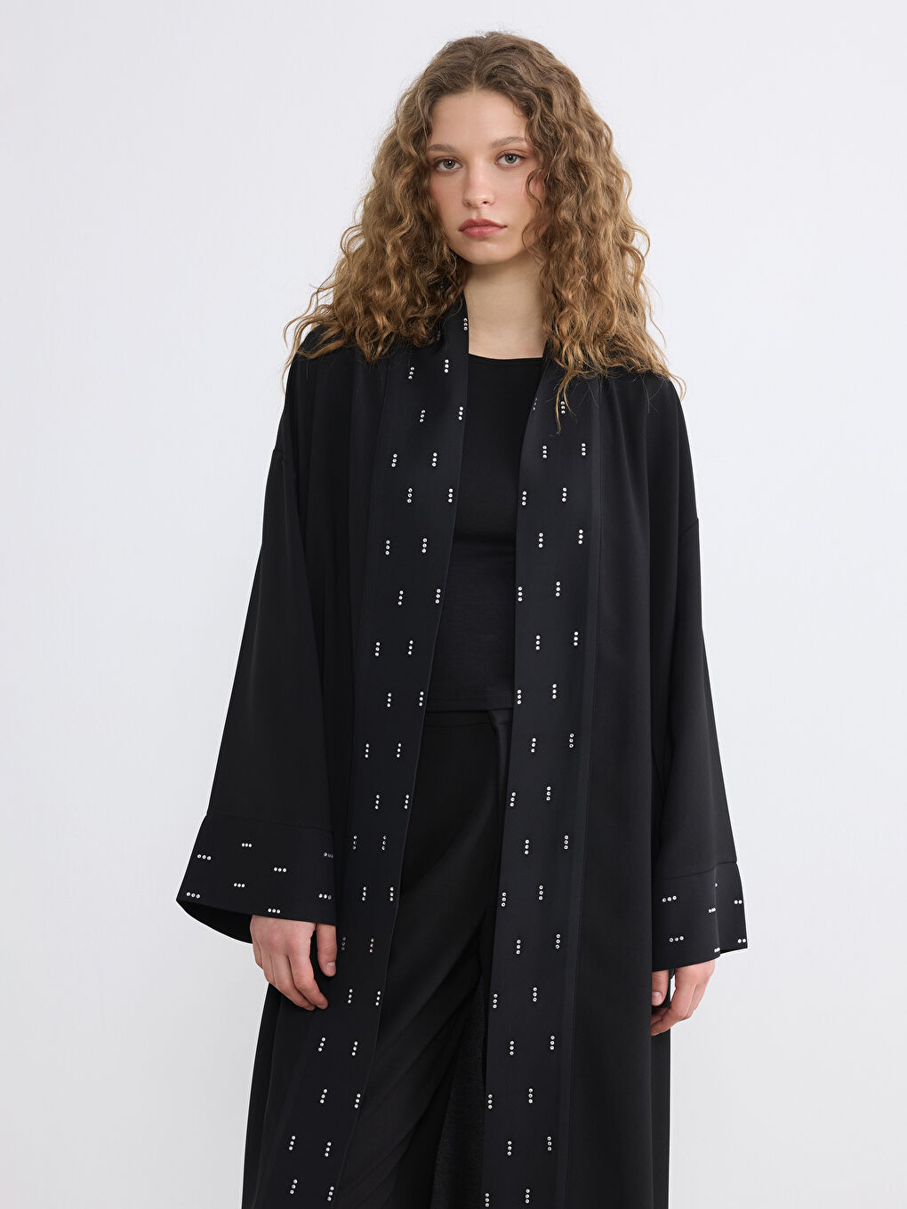 Siyah Şal Yaka Taşlı Oversize Kadın Kimono-1