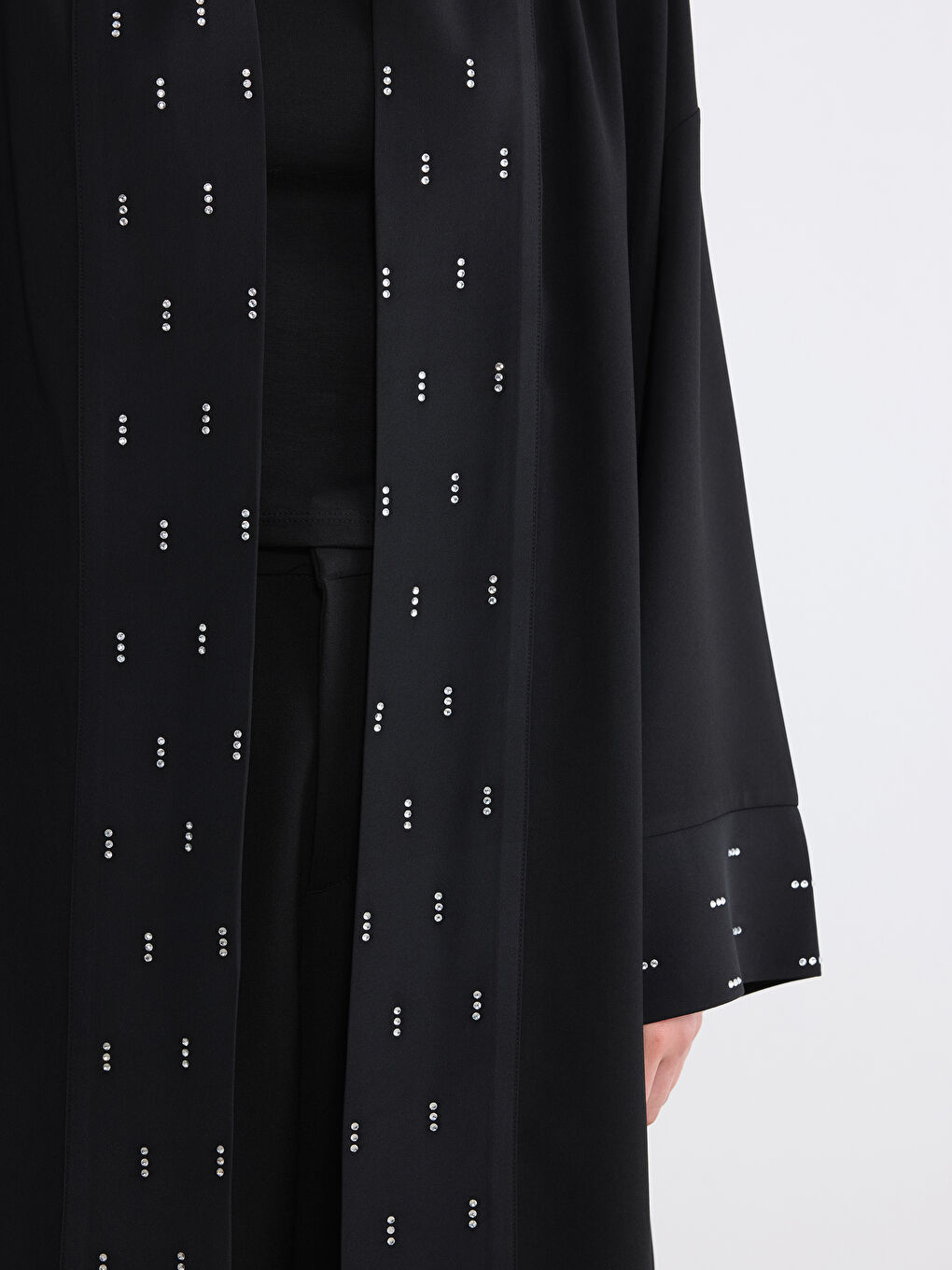 Siyah Şal Yaka Taşlı Oversize Kadın Kimono-4