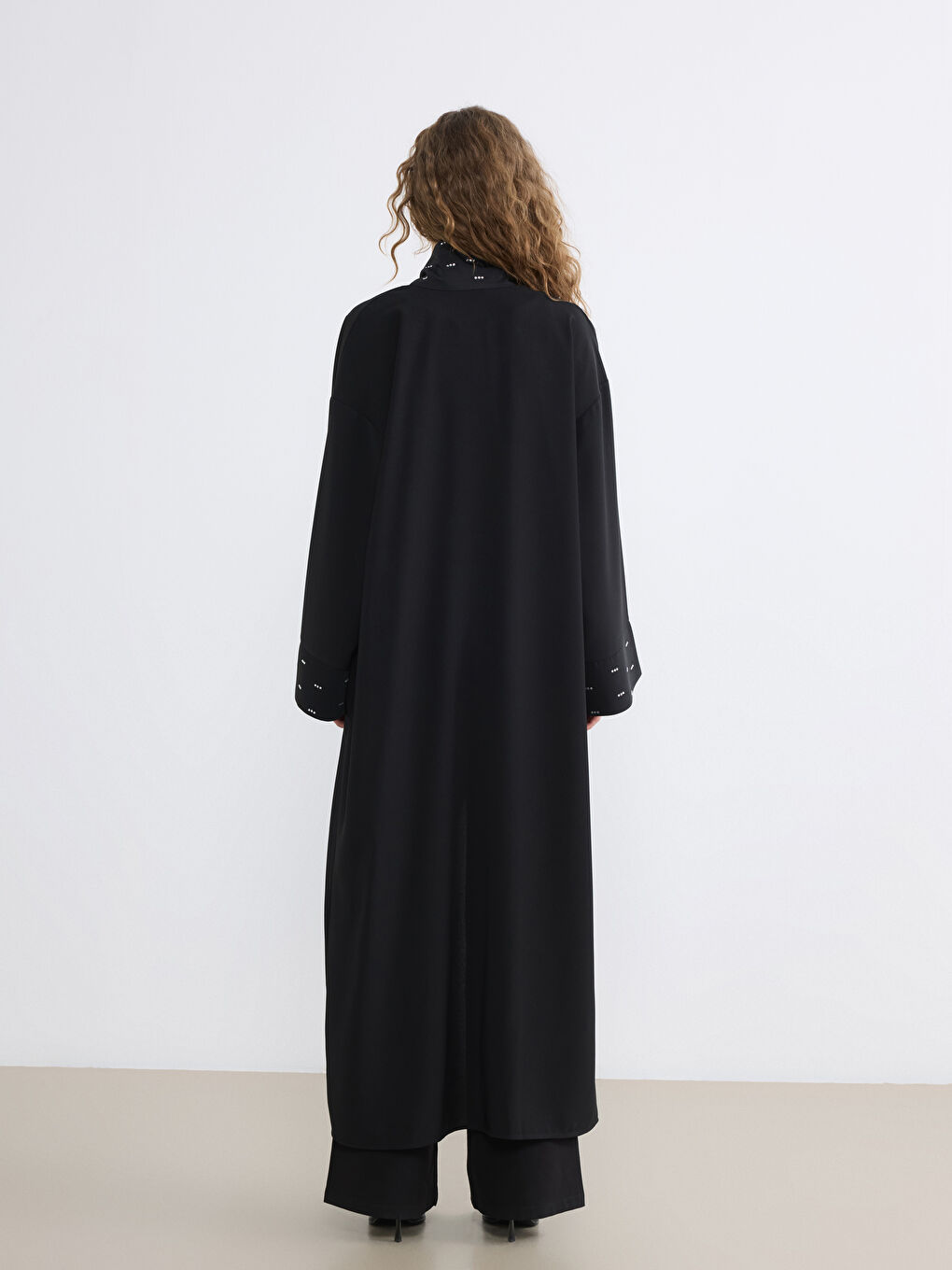 Siyah Şal Yaka Taşlı Oversize Kadın Kimono-6