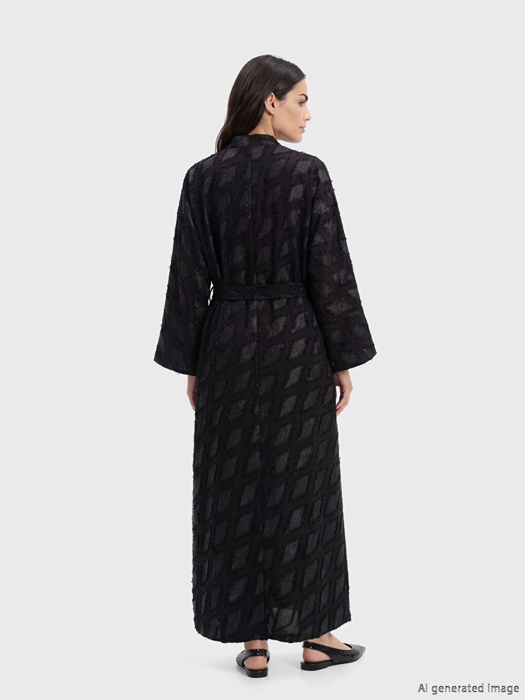 Siyah Şal Yaka Kuşaklı Kadın Ferace-2