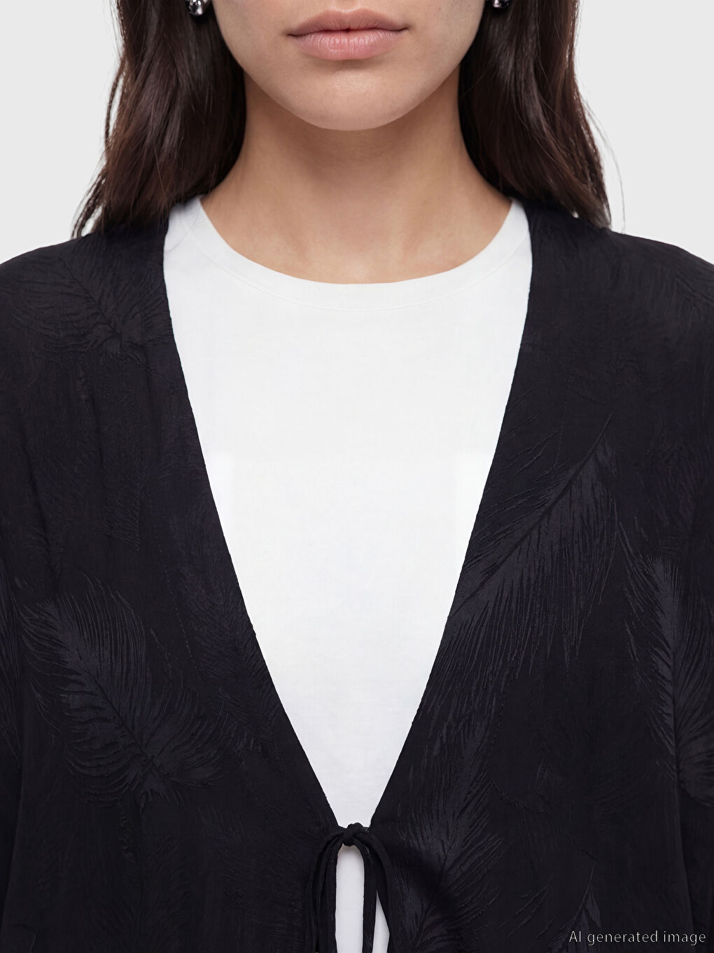 Siyah V Yaka Desenli Kadın Kimono-2