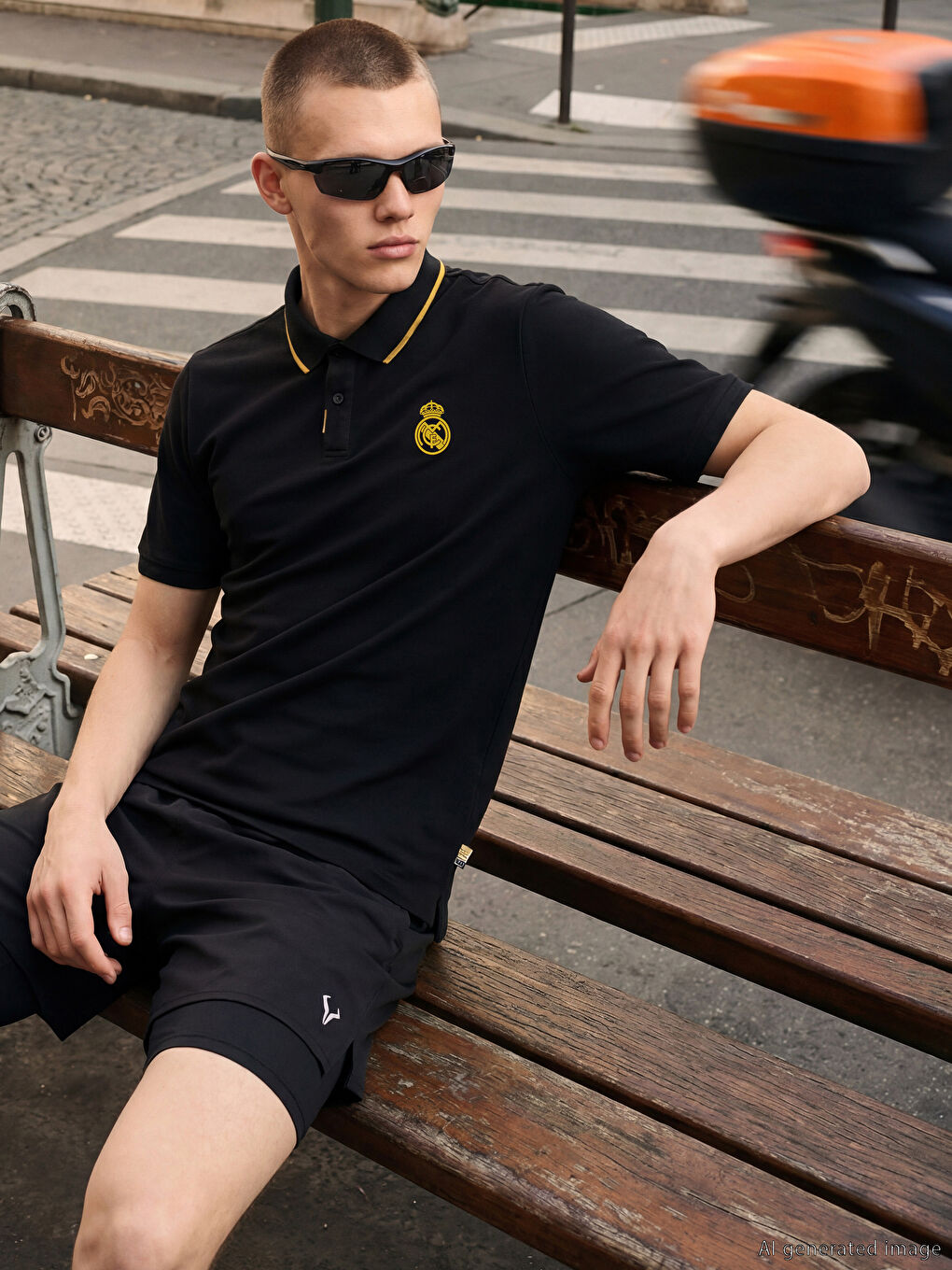 Siyah Polo Yaka Real Madrid Baskılı Erkek Spor Tişört-1