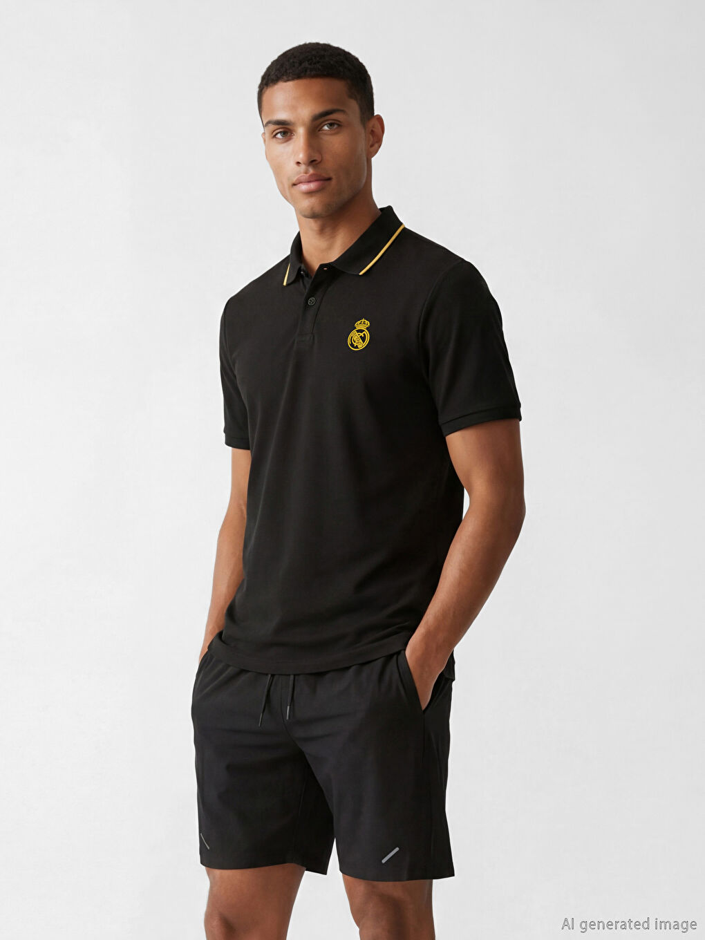 Siyah Polo Yaka Real Madrid Baskılı Erkek Spor Tişört-2