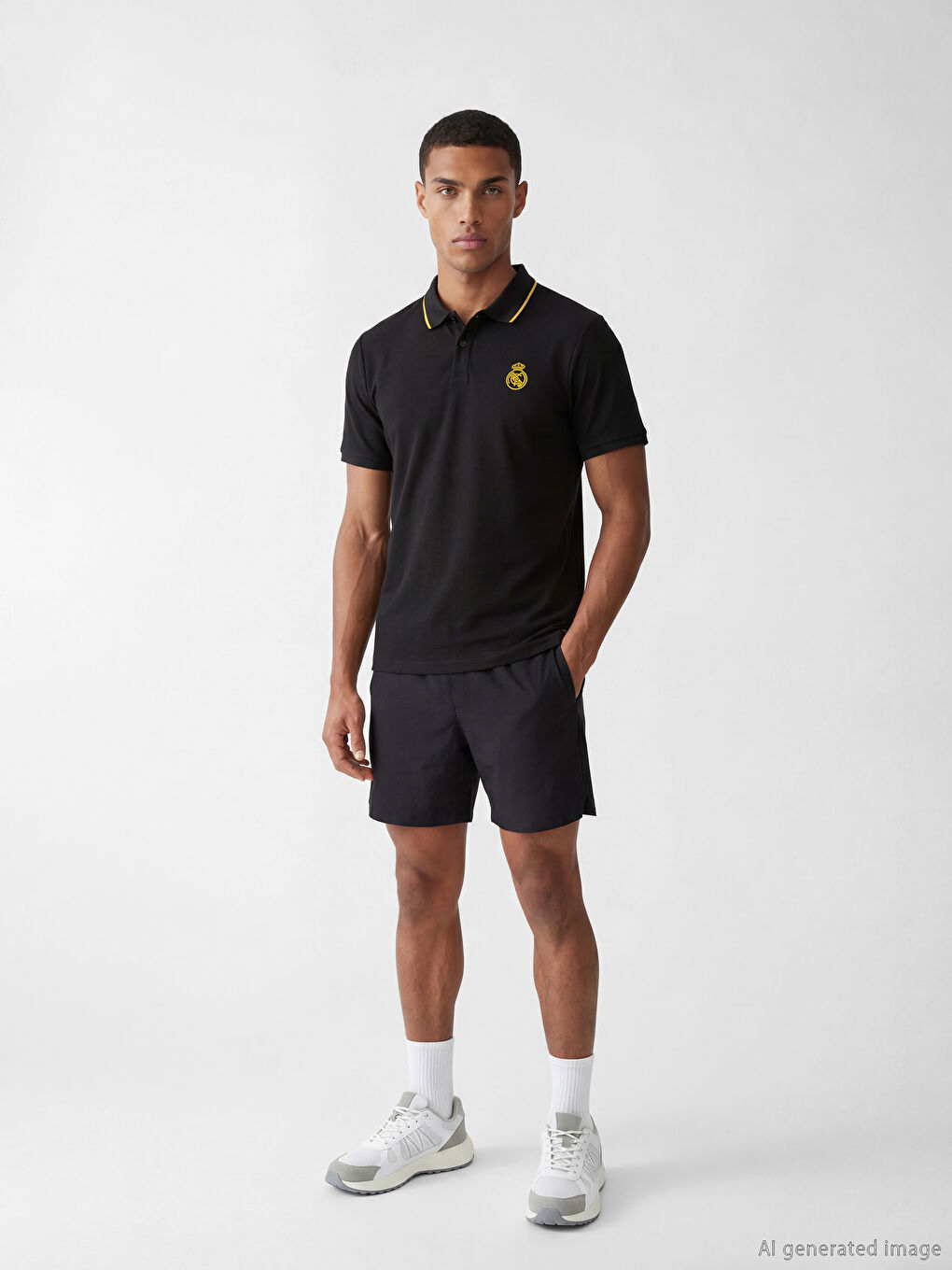 Siyah Polo Yaka Real Madrid Baskılı Erkek Spor Tişört-3