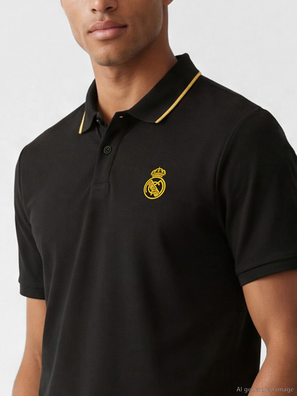 Siyah Polo Yaka Real Madrid Baskılı Erkek Spor Tişört-4