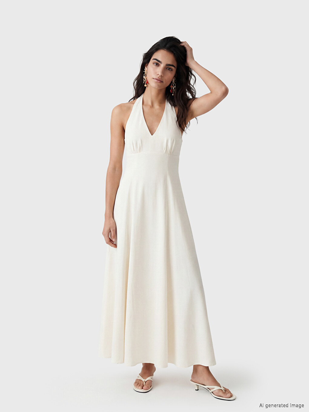 V Neck Linen Blend Pleated Dress