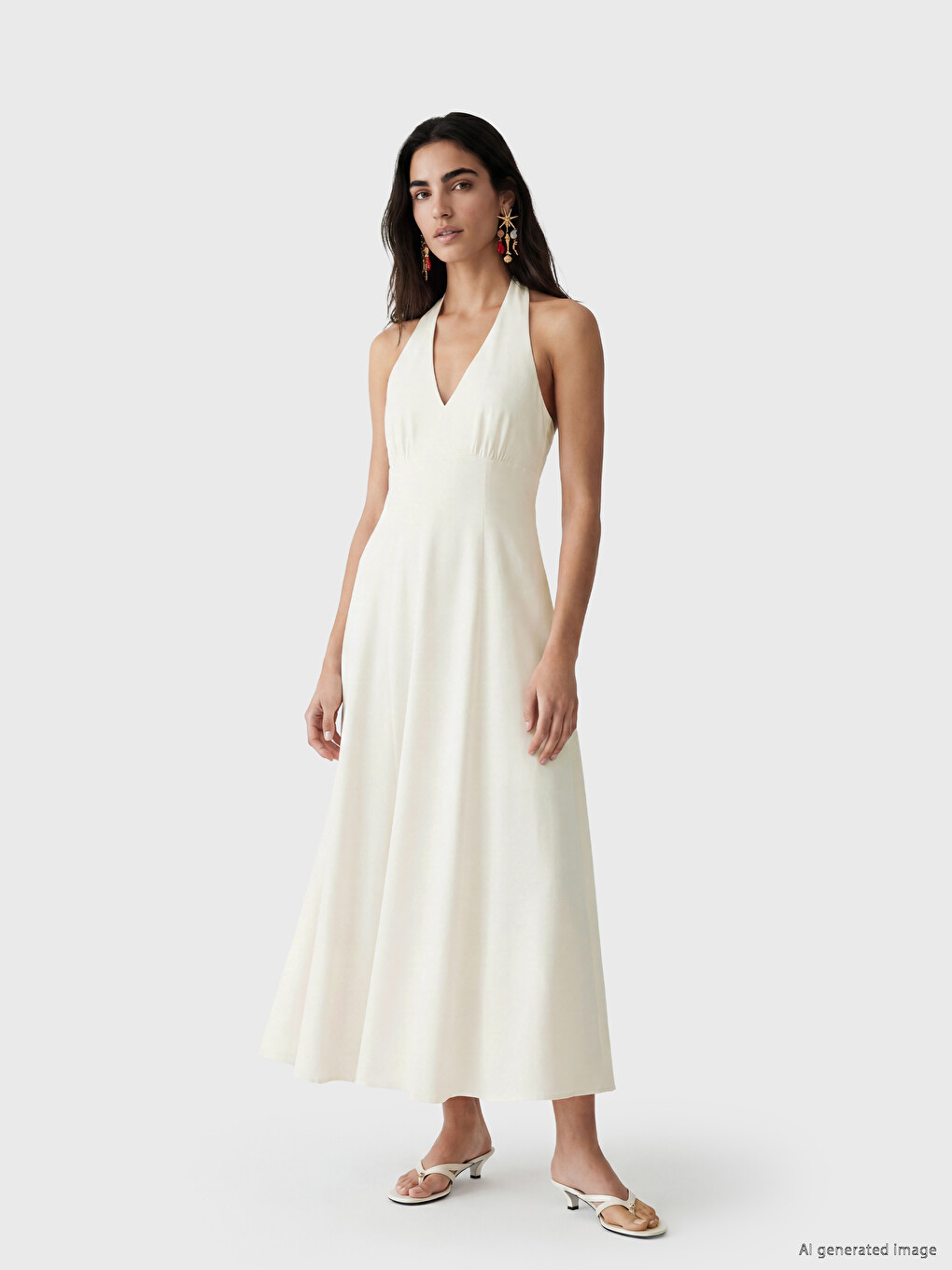 V Neck Linen Blend Pleated Dress-1