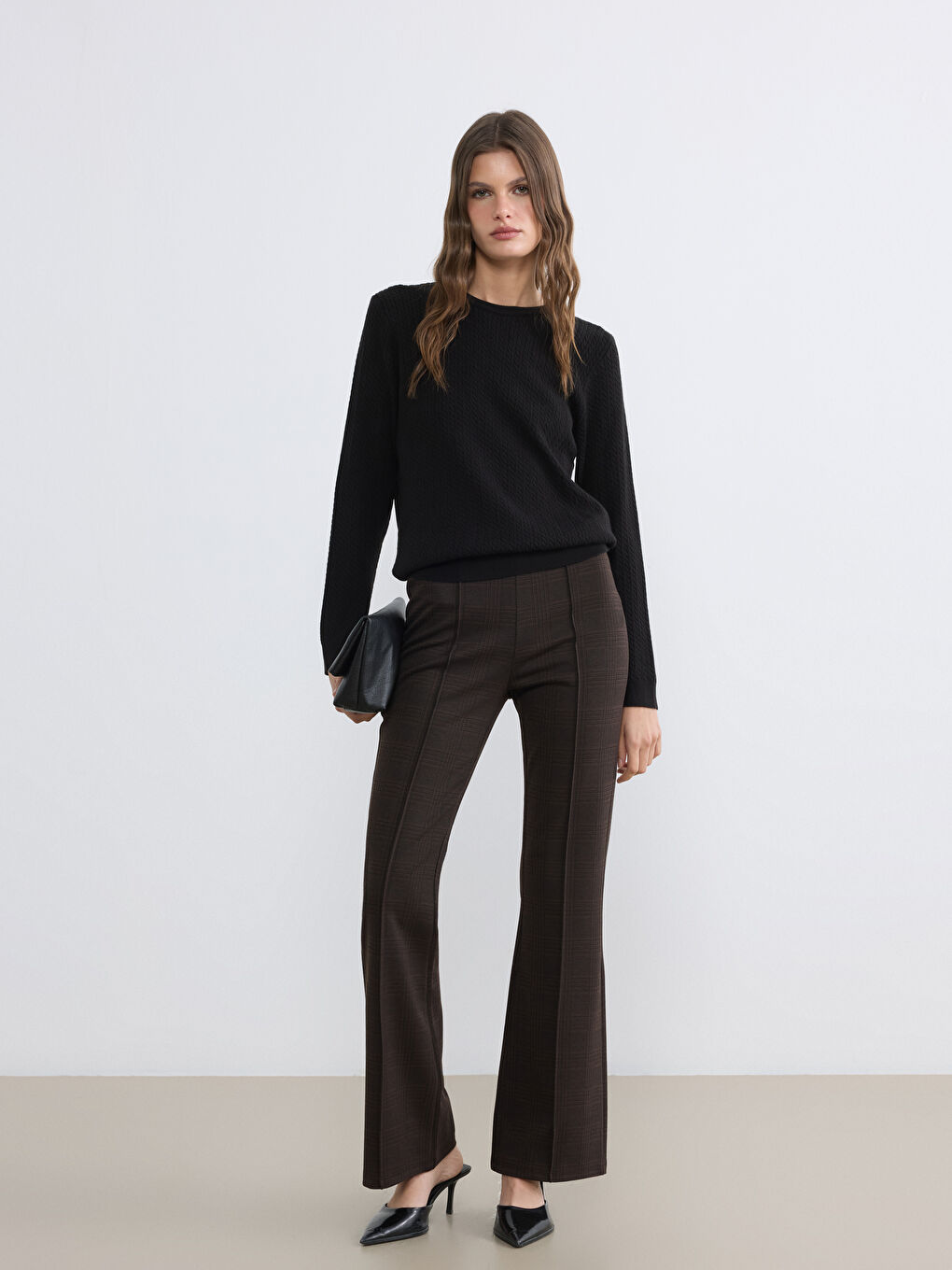 Kahverengi Yüksek Bel İspanyol Paça Ekose Kadın Pantolon