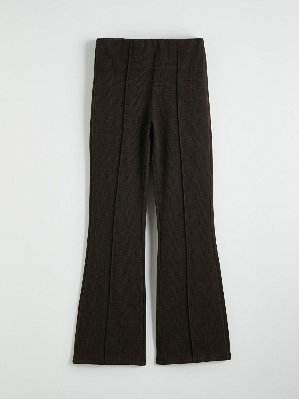 Kahverengi Yüksek Bel İspanyol Paça Ekose Kadın Pantolon-4