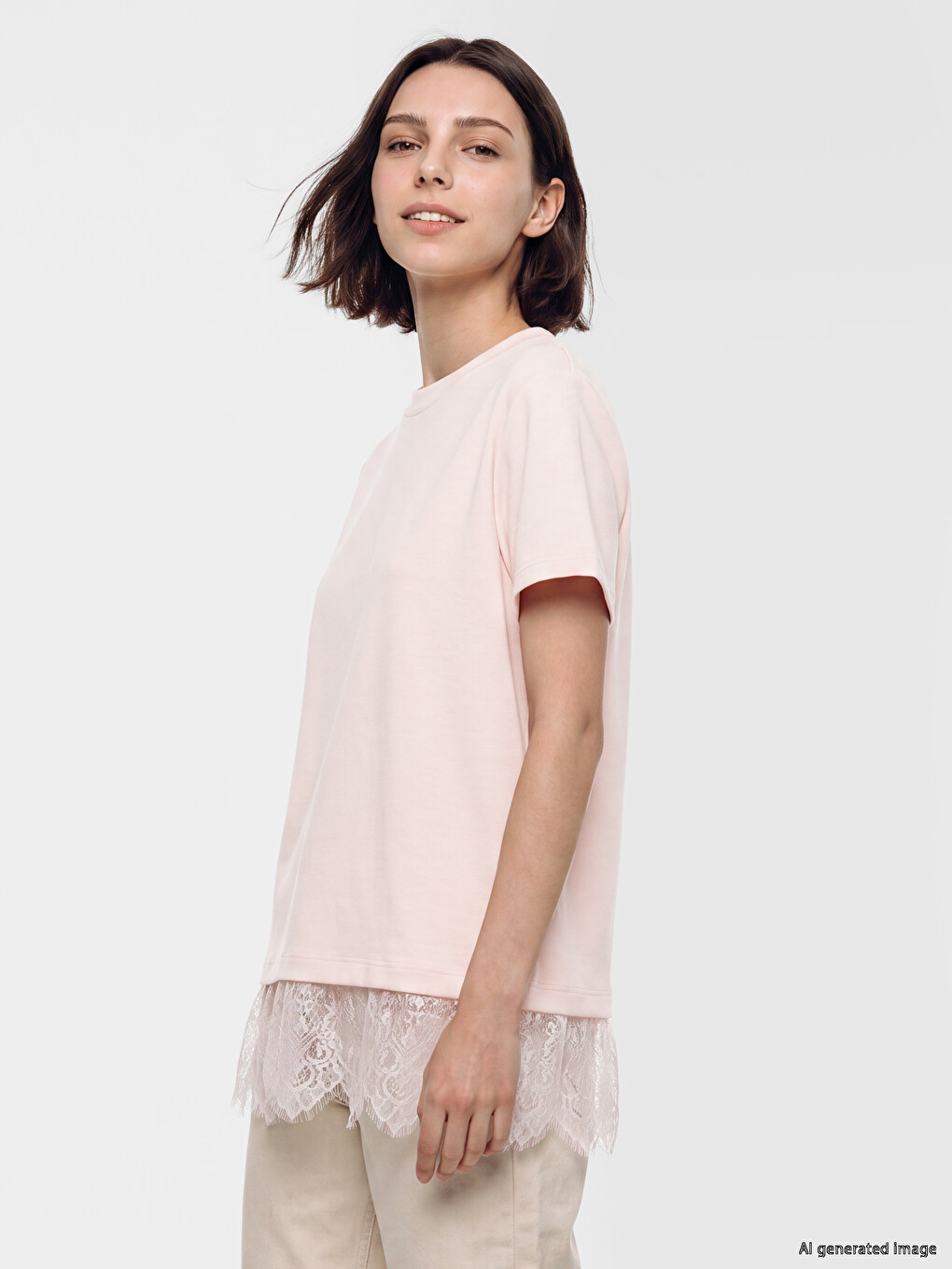 T-shirt Me Detaje Çipke Me Prekje Të Butë Për Gra