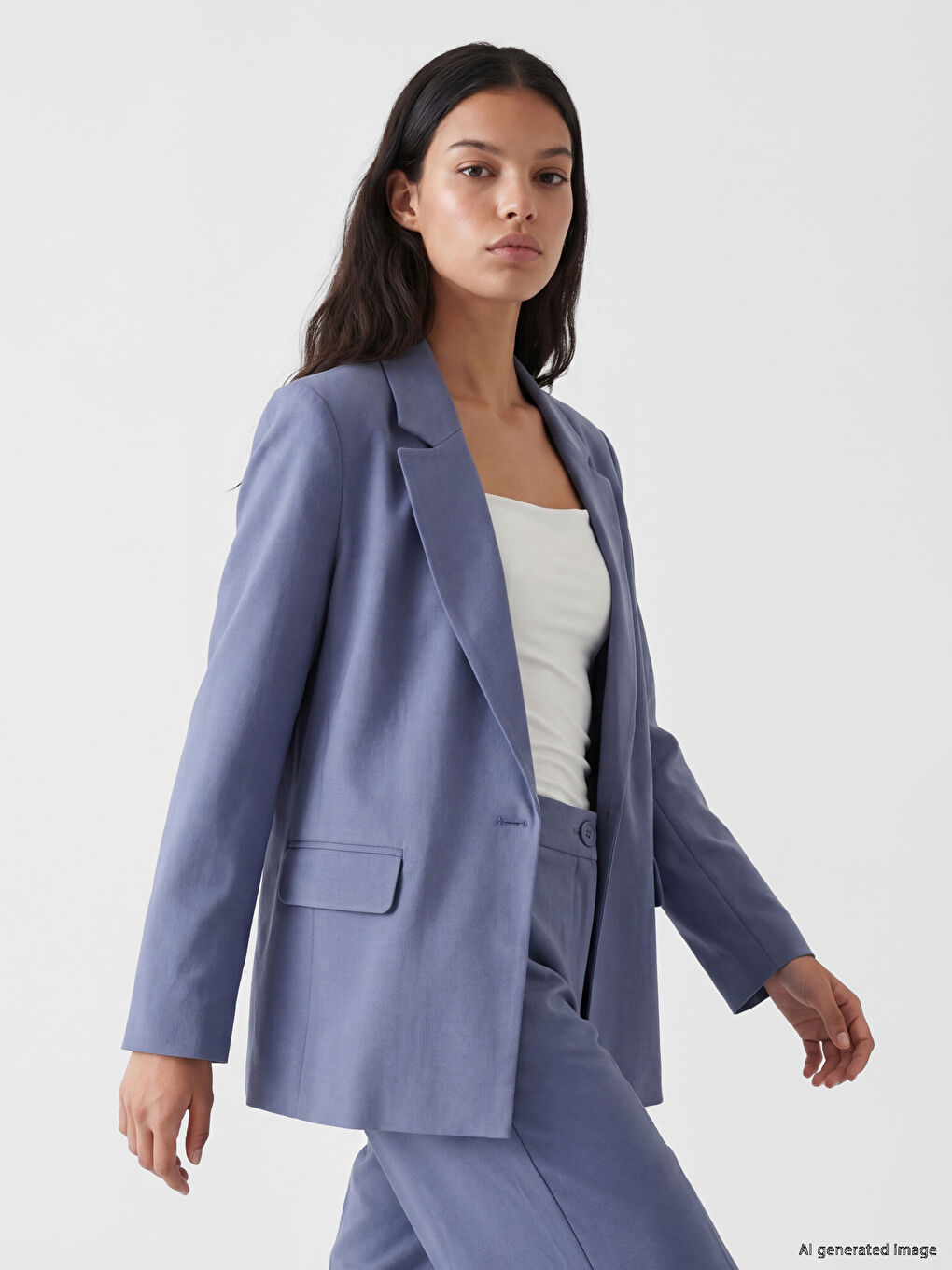 Mavi Keten Karışımlı Kadın Blazer Ceket